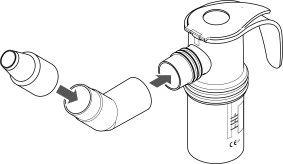 Schematic illustration showing the assembly of an angled adapter onto an inhaler using two arrows indicating the direction of connection