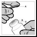 Hands holding vial B and component A being brought close to opening C, schematic of medication preparation with labels A, B, and C