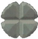 Forma gris simétrica que recuerda a cuatro segmentos o lóbulos conectados entre sí, dispuestos en una estructura circular con bordes geométricos