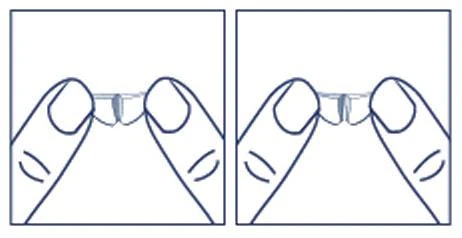 Two hands holding and gently stretching a white strip or medication packaging component horizontally on a white background