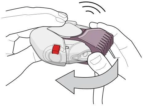Two hands holding a white and purple injector, rotating it in a seesaw motion indicated by a gray arrow and black motion lines