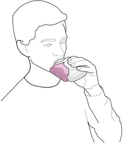 Line drawing of a man holding and bringing to his mouth a pink cup containing a beverage or medication