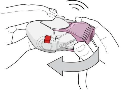 Two hands holding a white-pink auto-injector, and a gray arrow indicating rotational movement of the device for its preparation or use