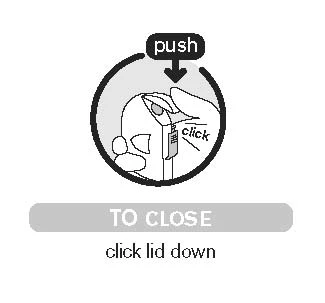 Hand pressing the top part of the device with an arrow labeled 'push', causing the lid to click and close as per the instruction 'click lid down'