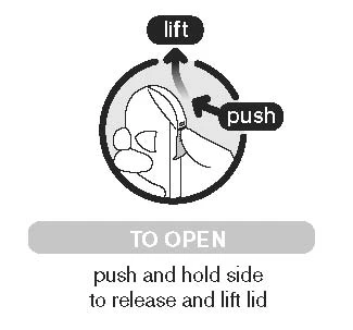 Diagram illustrating opening instructions with a hand pressing the side of the packaging and arrows indicating the push and lift motion to raise the cover