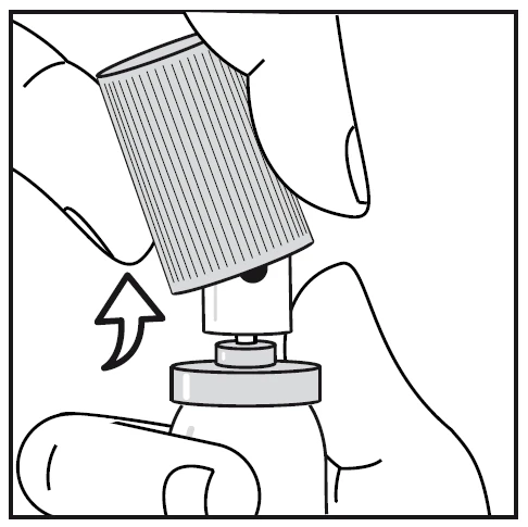 Hands holding and unscrewing the top part of the dispenser or drug packaging, indicated by an upward arrow showing the unscrewing motion