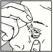 Hand holding a small bottle releasing a drop of liquid directly into the person's eye while gently pulling down the lower eyelid with the index finger