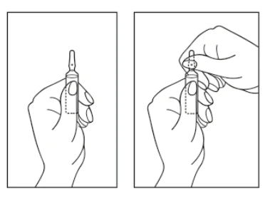 Two black-and-white illustrations showing hands holding a vial of medication; in the second illustration, a second hand is unscrewing or opening the top part of the vial