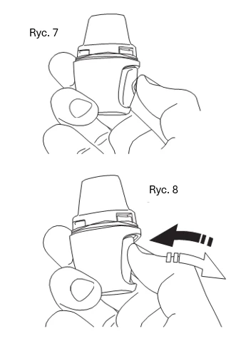 Schematic drawings of a hand holding a white auto-injector showing grip technique and lateral finger slide motion indicated by arrows