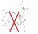 Schematic line drawing showing a hand holding a medicine vial with a large red X symbol indicating prohibition or error