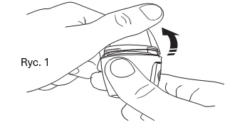 Hands holding and turning a medical device cap in the direction indicated by a black arrow pointing rightward