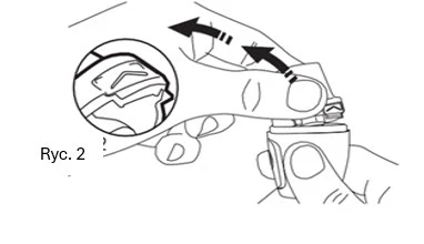 Hands holding a medical device with black arrows indicating a sliding motion, and an enlarged inset showing the locking mechanism within a circle