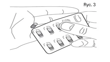 Illustration showing hands holding a blister pack with tablets, index finger pressing one capsule to push it out