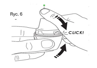 Hands holding a medical auto-injector, thumb pressing the upper part of the device marked with 'CLICK' and arrows indicating direction of movement