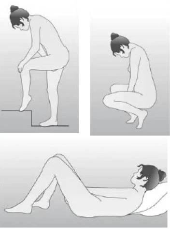 Three illustrations depicting a woman in three positions: walking down stairs, squatting, and lying on her back with knees bent