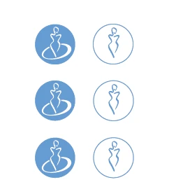 Seis iconos redondos que representan la silueta de una mujer, tres con contorno blanco en campos azules y tres con contorno azul en campos blancos