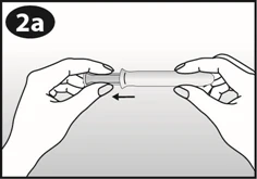 Two hands holding a white cylinder, left hand sliding it to the left according to a black arrow, with black label 2a in the upper left corner