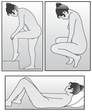 Three diagrams showing a woman in three positions: sitting on a step with one leg raised, squatting, and lying on her back with knees bent