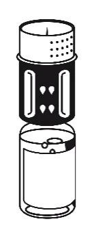 Schematic black and white illustration depicting a vertically positioned container with liquid and a top dispenser component featuring perforations and openings