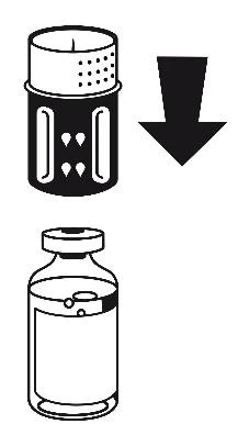A black downward-pointing arrow indicating the need to pour the contents of the upper container into a glass vial filled with liquid