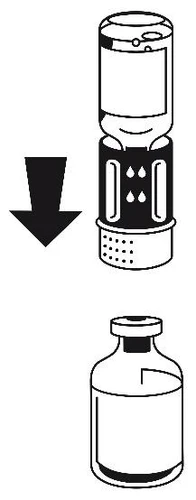 A diagram showing the process of pouring liquid from an upper vial with a plunger into a lower glass container indicated by a black downward-pointing arrow