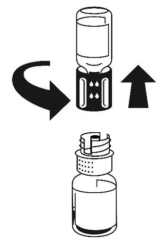 A diagram showing rotating the vial to the left and an upward movement, illustrating the process of preparing or opening the medication container