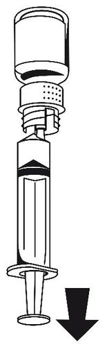 A black-and-white diagram of a syringe with a medication container, showing the process of pressing the plunger downward as indicated by a black arrow