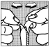 Two hands holding the ends of a device that should be unscrewed or moved in opposite directions, as indicated by the arrows above the hands