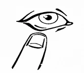 Black line illustration depicting a human eye positioned directly above the tip of an index finger