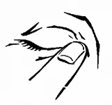 Black line drawing showing a closed eye with eyelashes and an index finger gently touching the lower eyelid