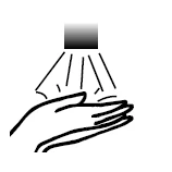 Black icon depicting two hands placed under a stream of fluid or light flowing from above, intended for hand washing or disinfection