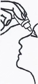 Black line drawing showing a hand holding a syringe inserting the needle into the side of a human face near the nose and cheek