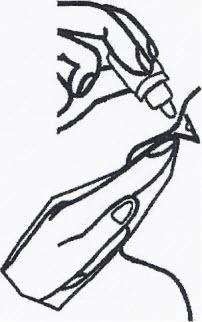 Black line illustration showing hands holding and opening a small package or vial containing medical medication