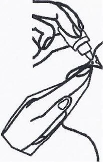 Black line illustration showing hands holding and preparing a small medical device or dispenser for use