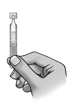 A hand holding a glass ampoule vertically filled with liquid on a white background in a black-and-white drawing style