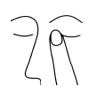 Minimalist black line depicting a face outline with closed eyes and a finger touching the corner of the right eye