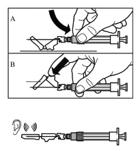 Syringe usage instruction diagram: hand removing the needle cap in step A, hand pressing the cap in step B, and the syringe ready with needle attached