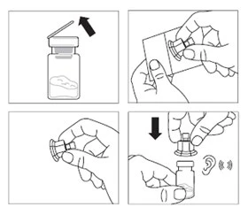Four diagrams showing removing the cap from the vial, taking the stopper out of its packaging, holding the stopper, and pressing it into the vial until a click is heard