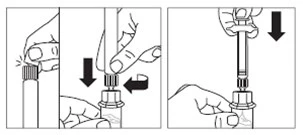 Three diagrams showing removing the cap from the pen, unscrewing the safety guard, and pressing the plunger down using the palm and fingers
