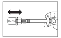 A gloved hand holding a medical device, with a black arrow indicating a sliding motion left and right along the device's axis
