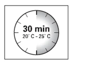 Black circular clock face with markings indicating 30 minutes and a temperature range of 20°C - 25°C on a white background