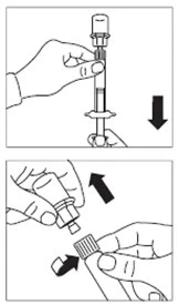 Hands pushing the syringe plunger downward and hands unscrewing the cap from the top of the container, indicated by black directional arrows