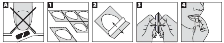 Series of instructional diagrams: do not touch the tablet with fingers, separating tablets from blister pack, breaking a tablet in half, and swallowing the medication