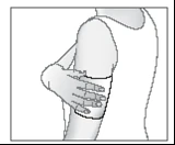 Hand holding the upper part of the arm just above the elbow, indicating the prepared site for administering medication in the upper arm