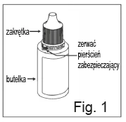 Botella esquemática con tapa y etiqueta que indica la necesidad de romper el anillo de seguridad y la ubicación del frasco, etiquetado como Fig. 1
