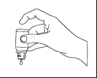 Right hand holding vertically a small bottle of medicine, with a single drop of liquid falling downward from it