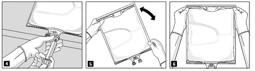 Three diagrams showing medication preparation: hands with a syringe needle, rotating a fluid bag, and holding the bag in an upright position