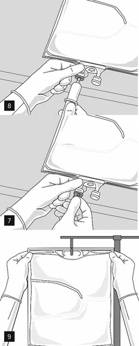 Three instructional illustrations showing gloved hands preparing a fluid bag, connecting a syringe, and hanging the bag on an IV stand