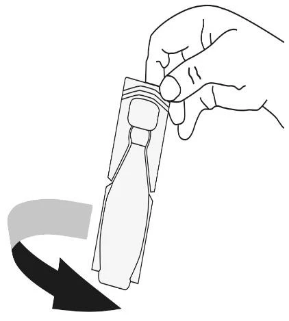 Hand holding vertically a medication package with a black arrow indicating the direction of tearing or opening the paper sachet