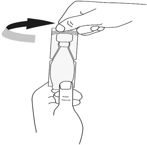 Mani che tengono una fiala con tappo a vite, mentre la mano superiore compie un movimento rotatorio indicato da una freccia curva per svitare la chiusura